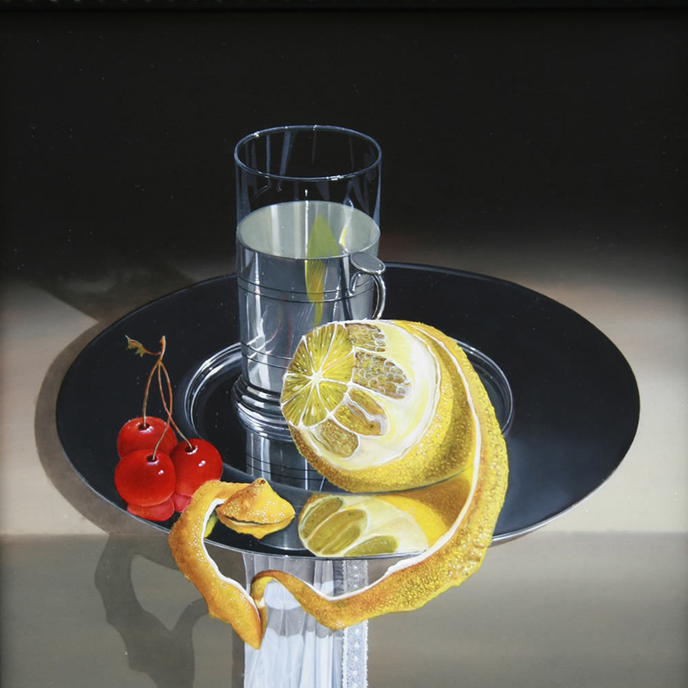 A Half Peeled Lemon and a Silver Tea-Glass holder on a Chromium Plated Dish, Oil on panel, 30x24 cm
