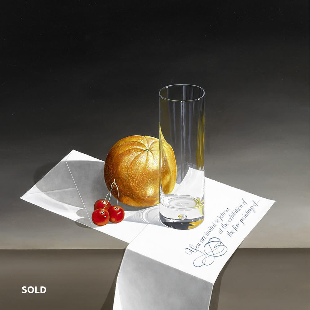 A Shiny Glass and Fruit placed upon an invitation letter, Oil on panel, 60x40 cm