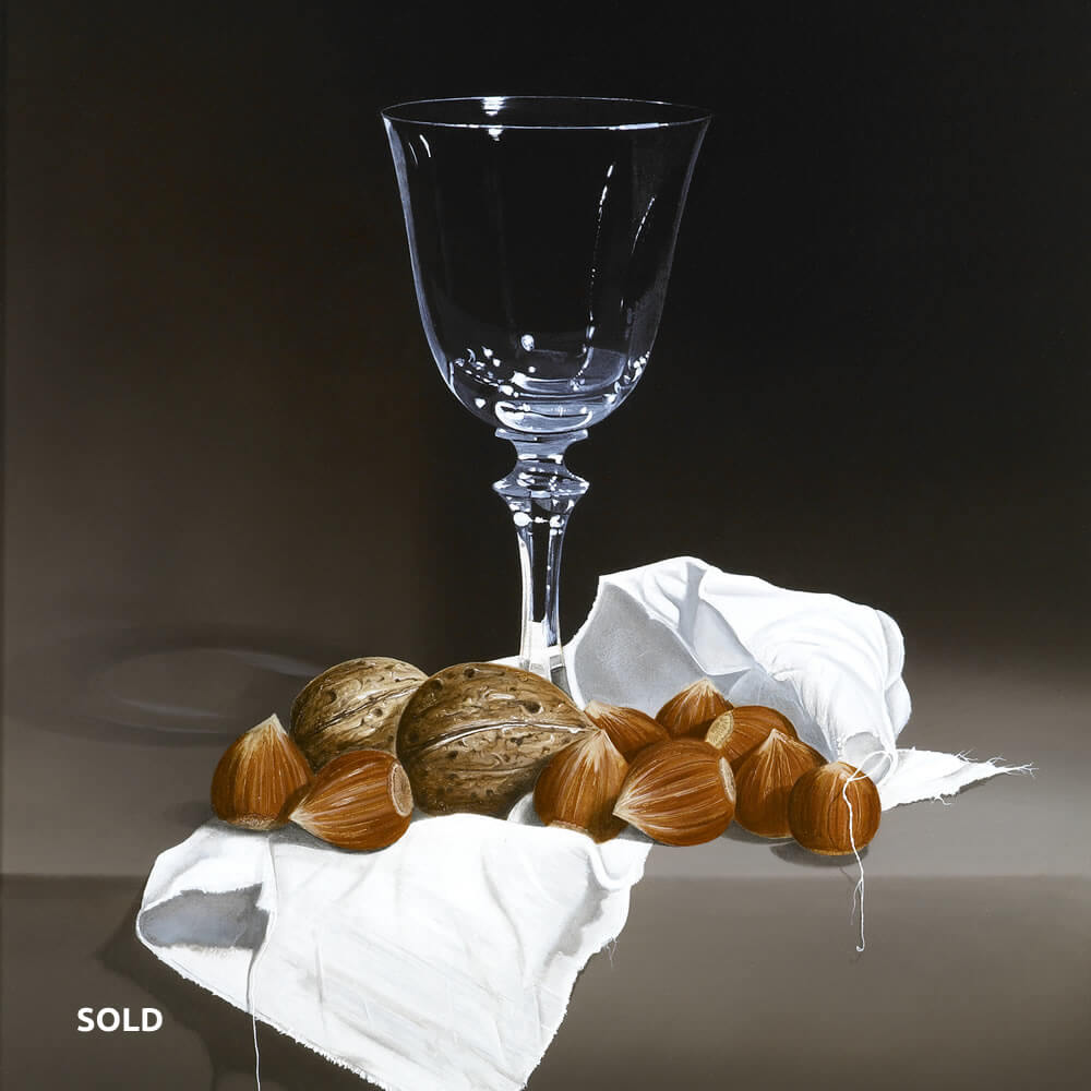 A Wine Glass, Hazel- and Walnuts on a White but Thready Piece of Cloth, Oil on panel, 40x30 cm