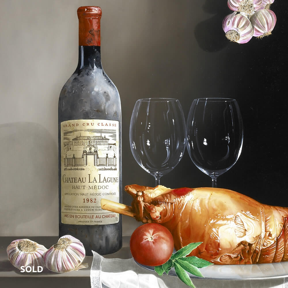 Château La Lagune 1982, 2 Wine Glasses and a Lamb, Oil on panel, 100x80 cm