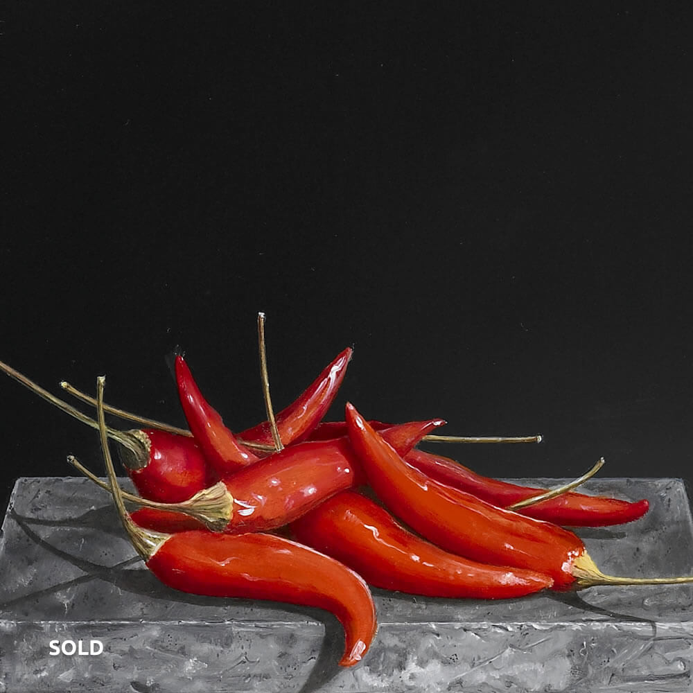 Red Peppers on a Belgian Bleu stone, Oil on panel, 29x42 cm