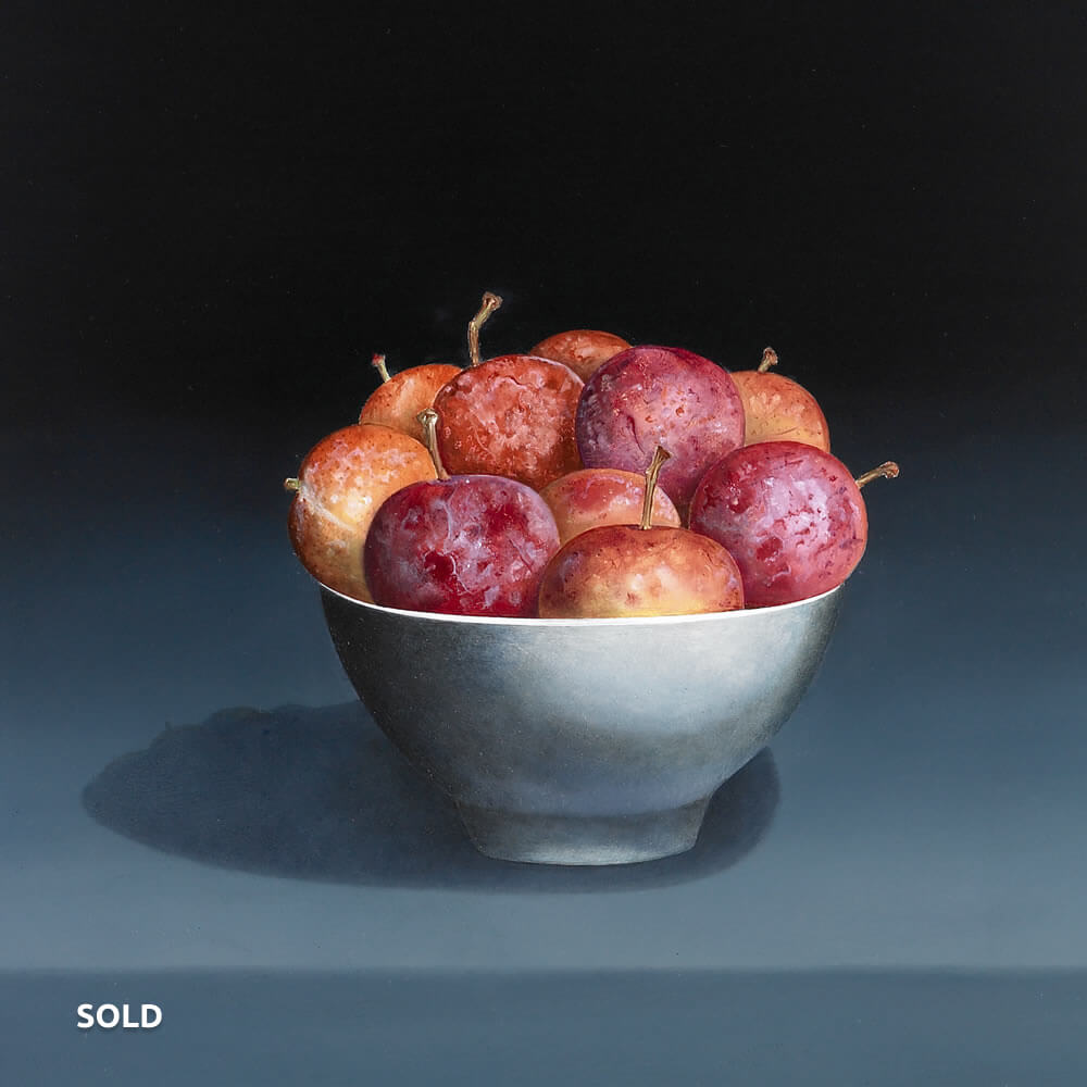 Victoria Plums in a White Round Bowl, Oil on panel, 55x32 cm