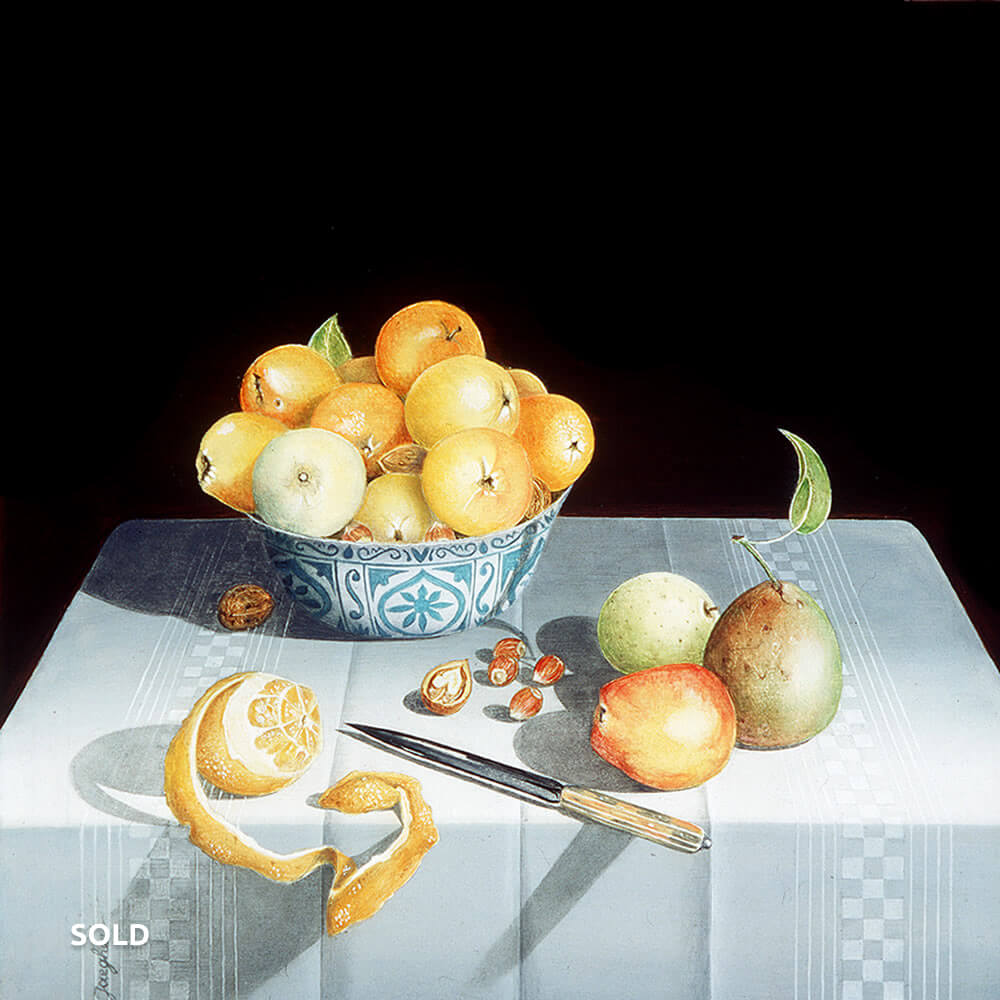 Stilleven met een Gepelde Sinaasappel en Fruit in een Chinese Porseleinen Kom, Olie op paneel, 14x13 cm 
