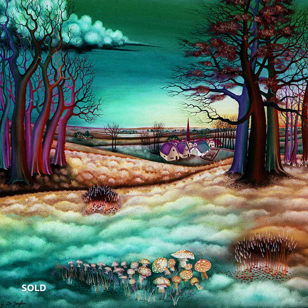 Herfst – Zonsondergang, Olie op glas, 116x116 cm