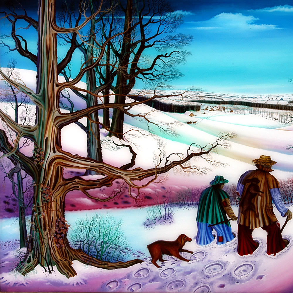 The Return of the Poachers in the Snow, Oil on glass, 80x115 cm 