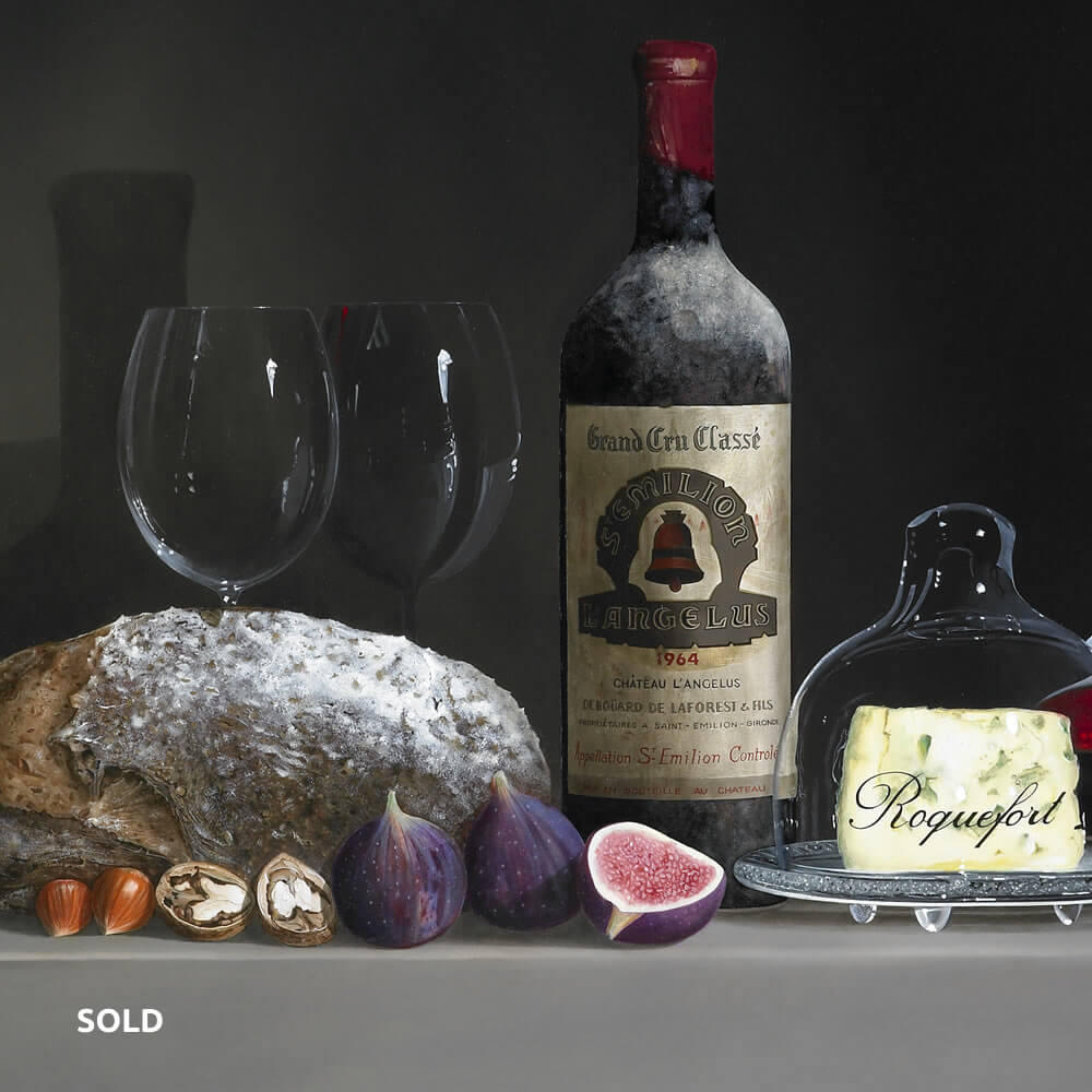 Château L’Angélus 1964, 2 Wine Glasses, Bread, Roquefort, Figs and Walnuts, Oil on panel, 90x110 cm