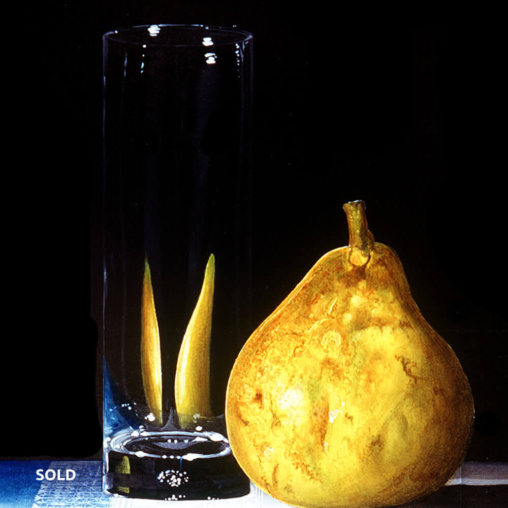 A Packam Pear next to a Fragile Glass, Oil on panel, 25x20 cm