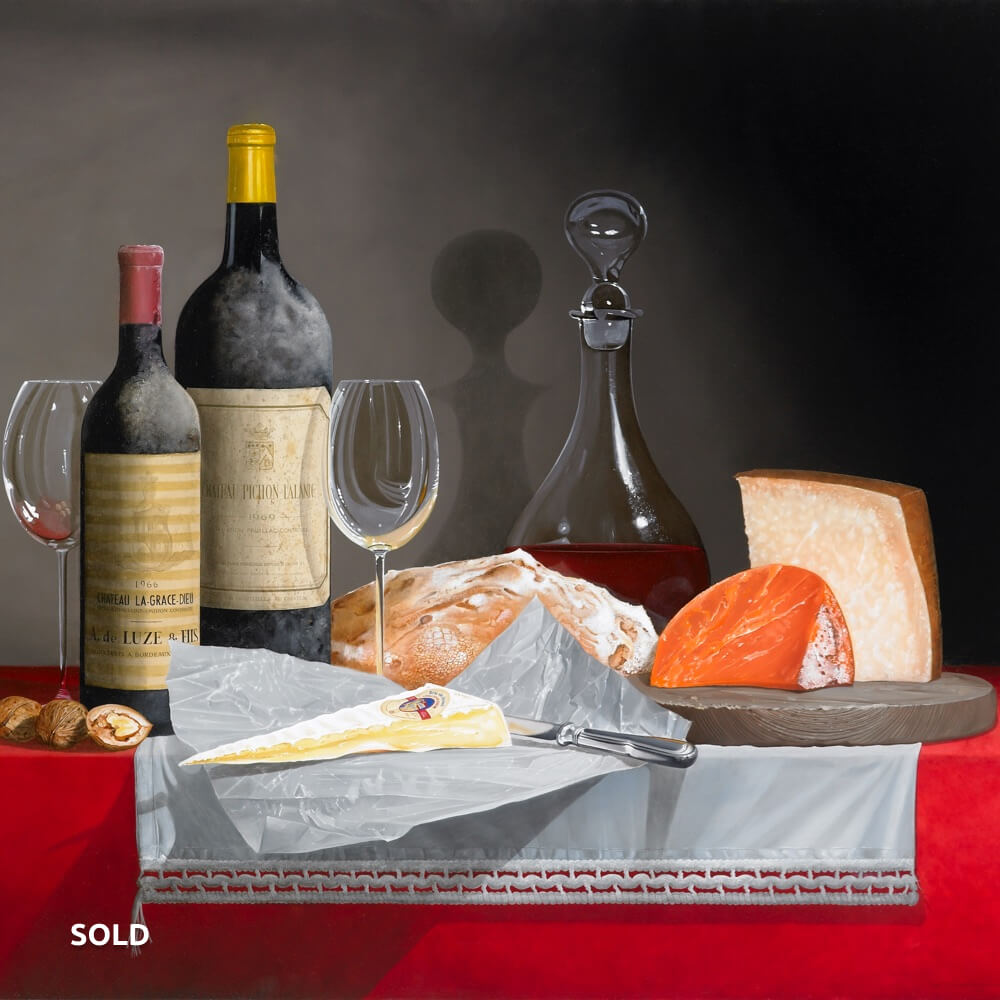 Still-life with Wine Bottles and Carafe, Glasses, Cheese and Bread, Olie op paneel, 90x110 cm 